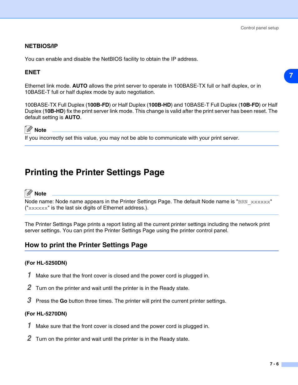 Netbios/ip, Enet, Netbios/ip -6 enet -6 | Printing the printer settings page | Brother HL-5270DN User Manual | Page 46 / 68