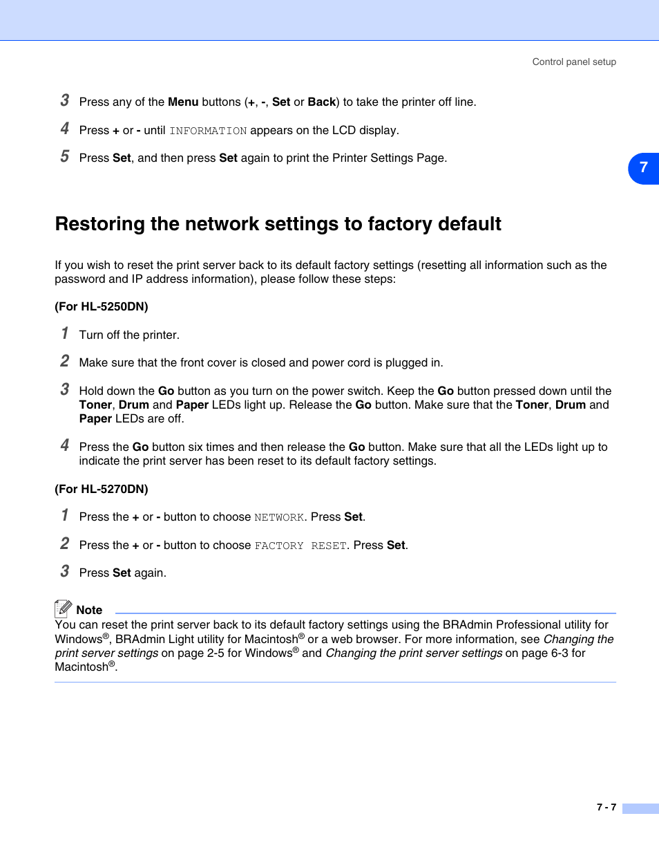 Restoring the network settings to factory default | Brother HL-5270DN User Manual | Page 47 / 68