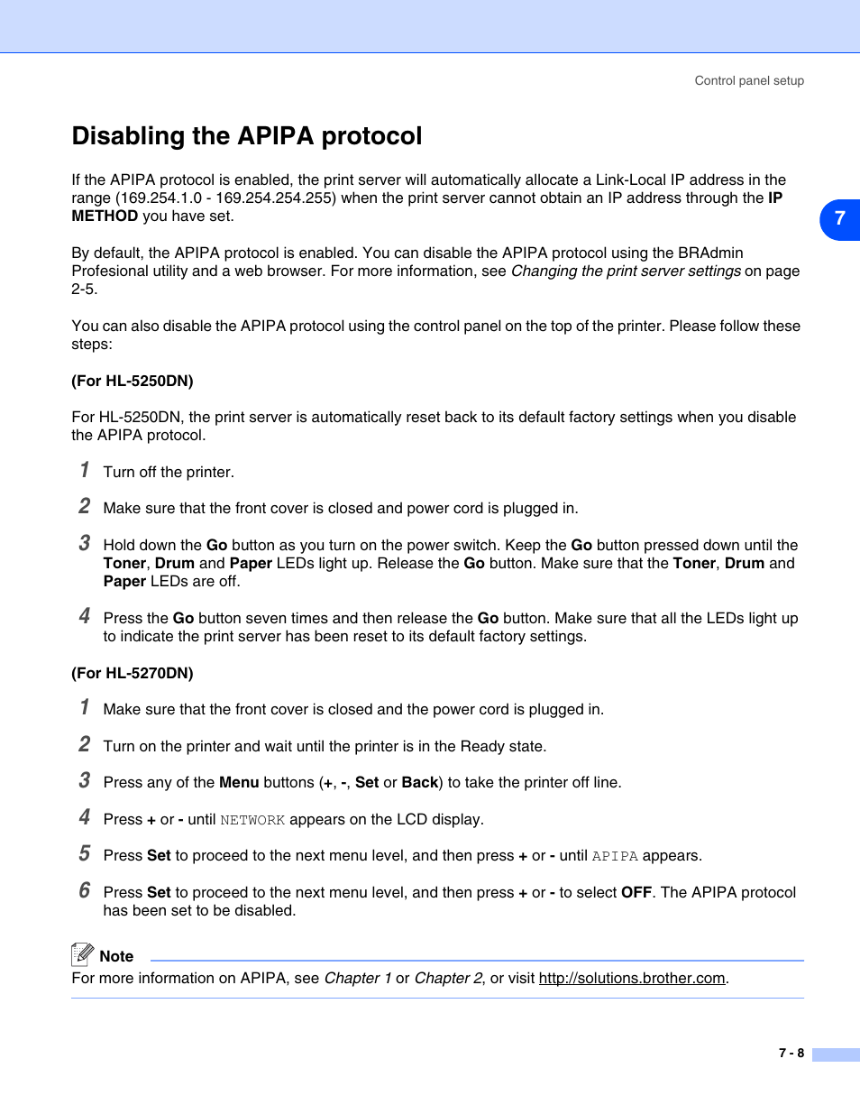 Disabling the apipa protocol, Disabling the apipa protocol -8 | Brother HL-5270DN User Manual | Page 48 / 68