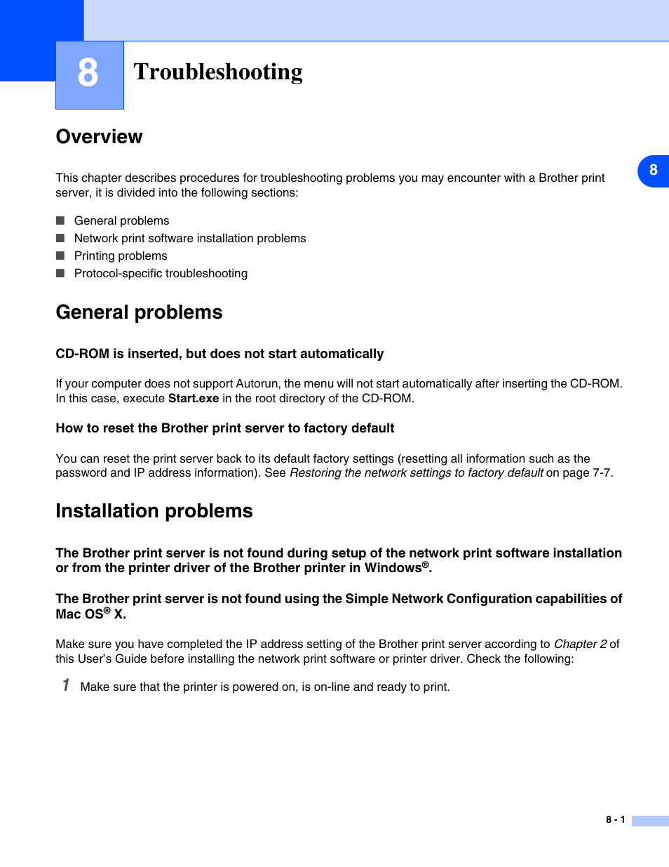 Troubleshooting, Overview, General problems | Installation problems, Troubleshooting -1, Overview -1 general problems -1, Installation problems -1 | Brother HL-5270DN User Manual | Page 49 / 68