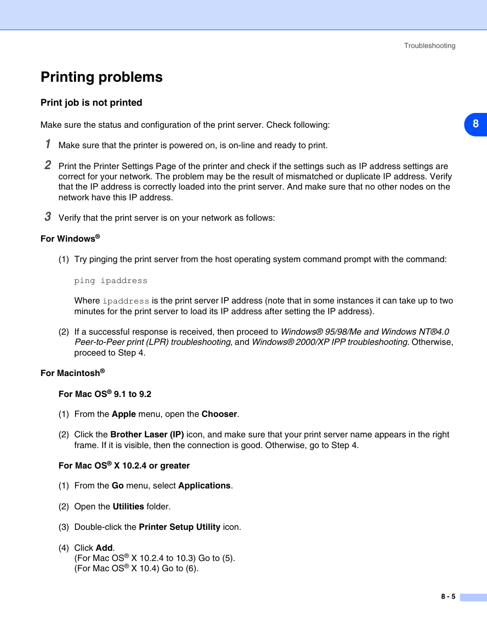 Printing problems, Print job is not printed, Printing problems -5 | Print job is not printed -5 | Brother HL-5270DN User Manual | Page 53 / 68