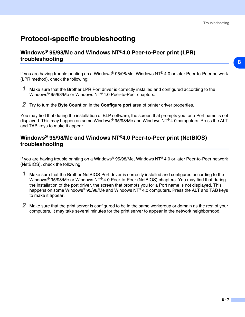 Protocol-specific troubleshooting, Protocol-specific troubleshooting -7, Windows | 95/98/me and windows nt, 0 peer-to-peer print (lpr) troubleshooting, 0 peer-to-peer print (netbios) troubleshooting | Brother HL-5270DN User Manual | Page 55 / 68