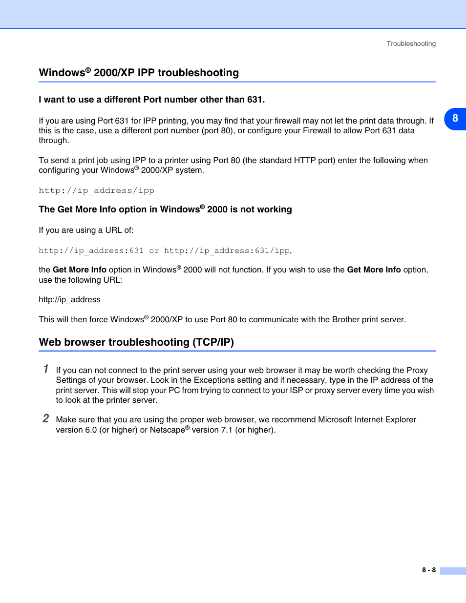 Windows® 2000/xp ipp troubleshooting, Web browser troubleshooting (tcp/ip), Windows | Web browser troubleshooting (tcp/ip) -8, 8windows, 2000/xp ipp troubleshooting | Brother HL-5270DN User Manual | Page 56 / 68