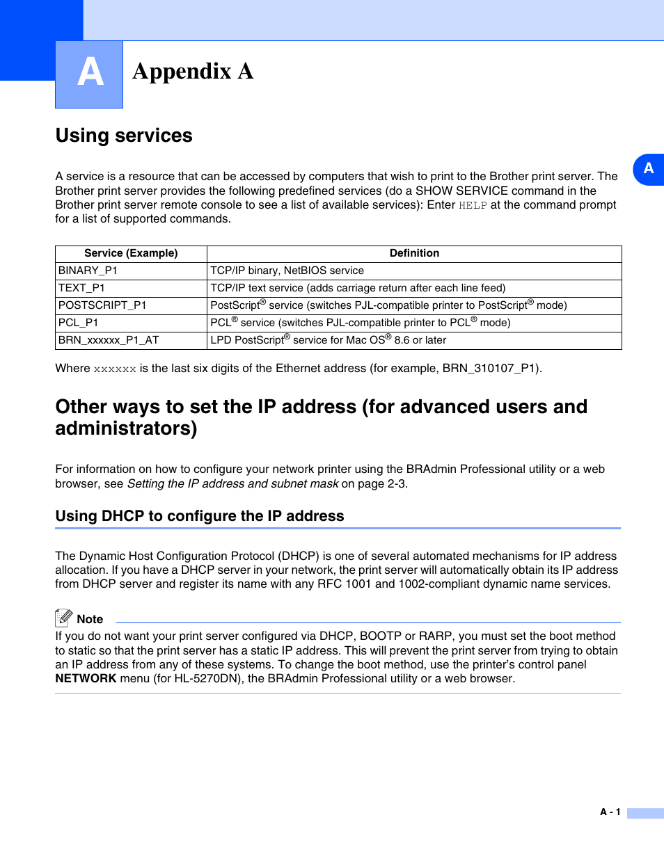 Appendix a, Using services, Using dhcp to configure the ip address | Brother HL-5270DN User Manual | Page 57 / 68