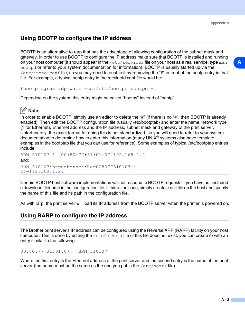 Using bootp to configure the ip address, Using rarp to configure the ip address, Ausing bootp to configure the ip address | Brother HL-5270DN User Manual | Page 58 / 68