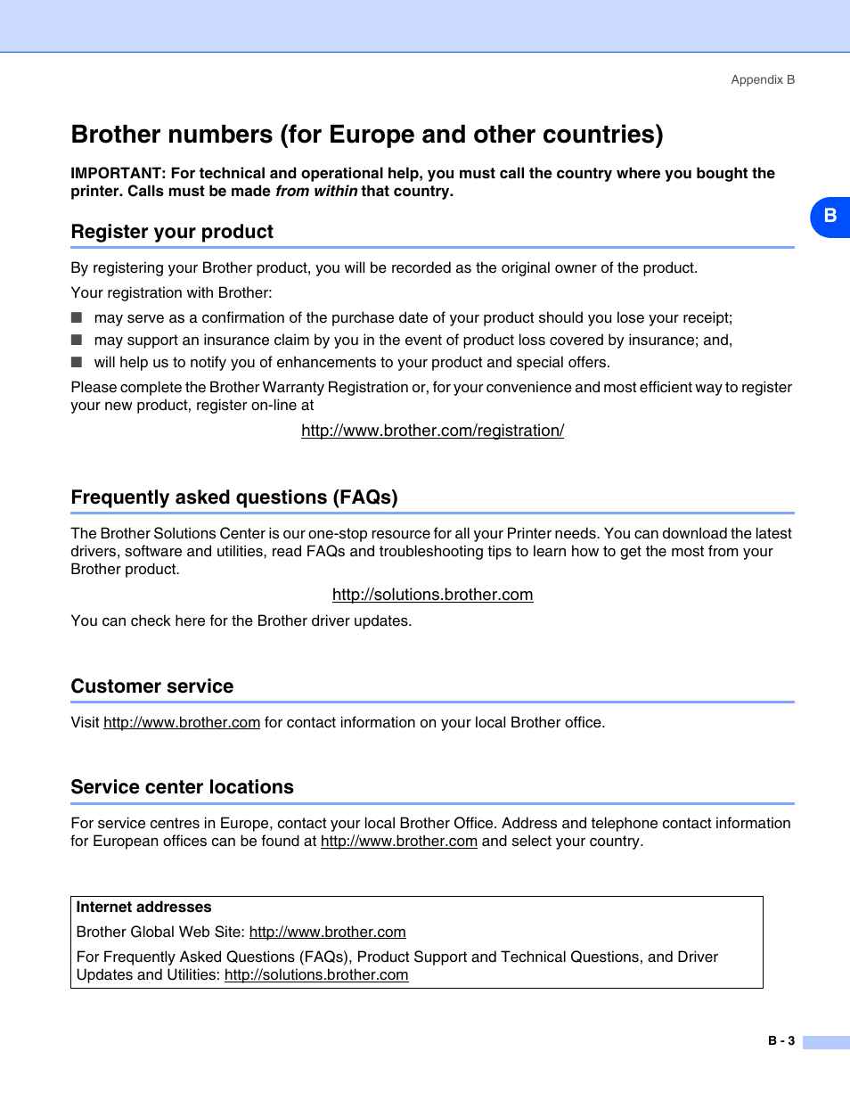 Brother numbers (for europe and other countries), Register your product, Frequently asked questions (faqs) | Customer service, Service center locations | Brother HL-5270DN User Manual | Page 65 / 68