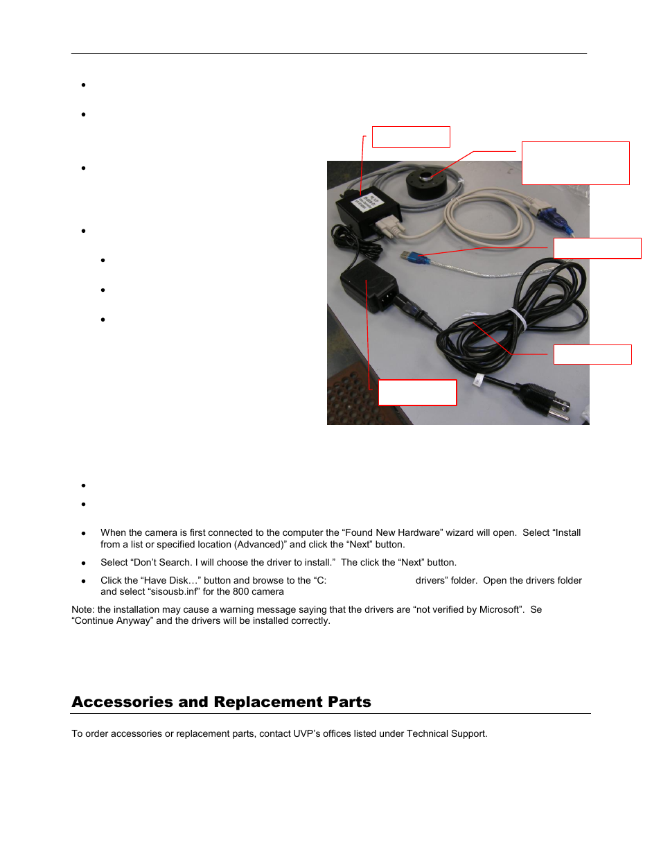 Accessories and replacement parts, Install the camera drivers | UVP MegaCam 800 Camera User Manual | Page 4 / 5