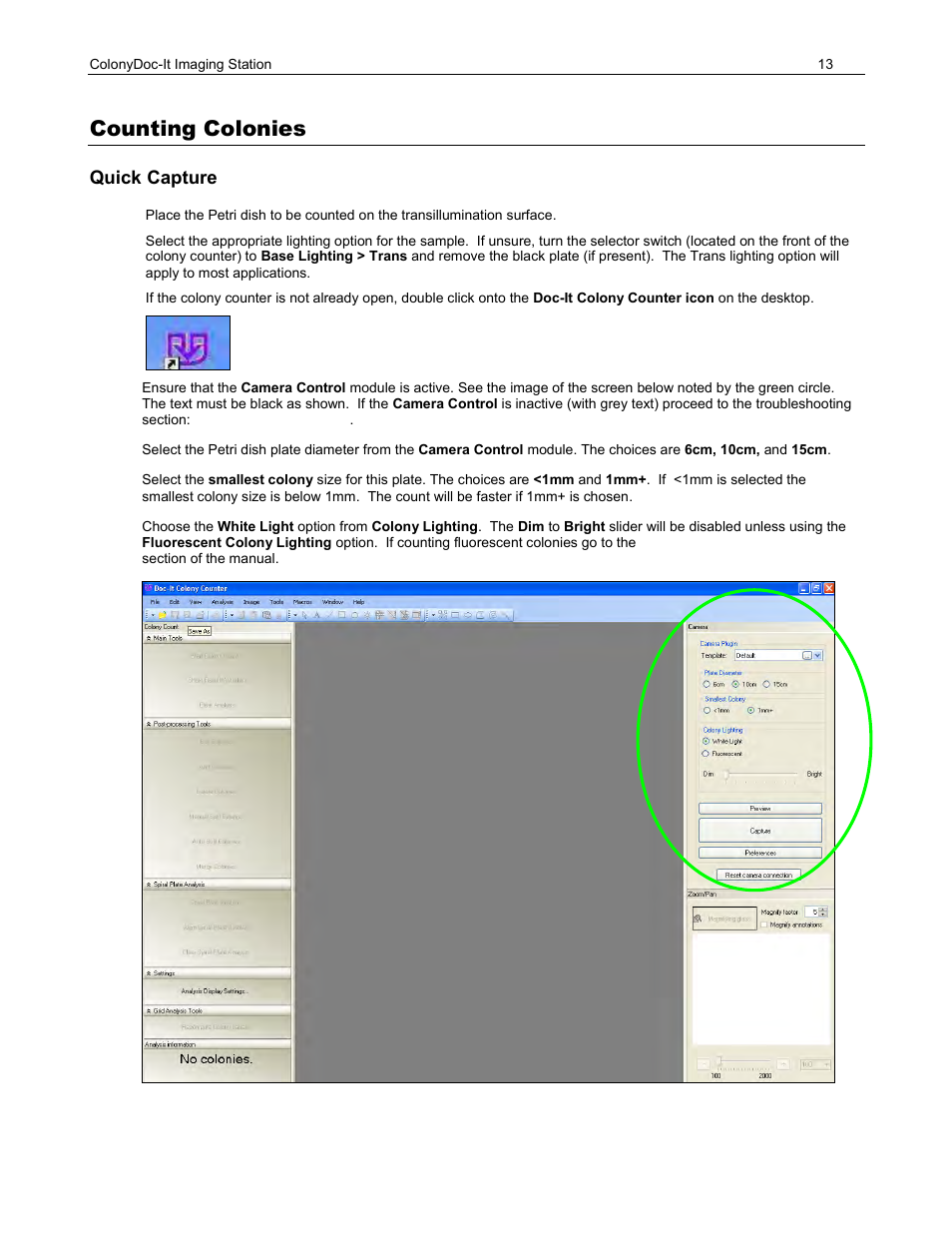 Counting colonies, Quick capture | UVP ColonyDoc-It Imaging Station User Manual | Page 13 / 48