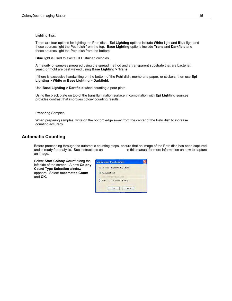 Automatic counting | UVP ColonyDoc-It Imaging Station User Manual | Page 15 / 48