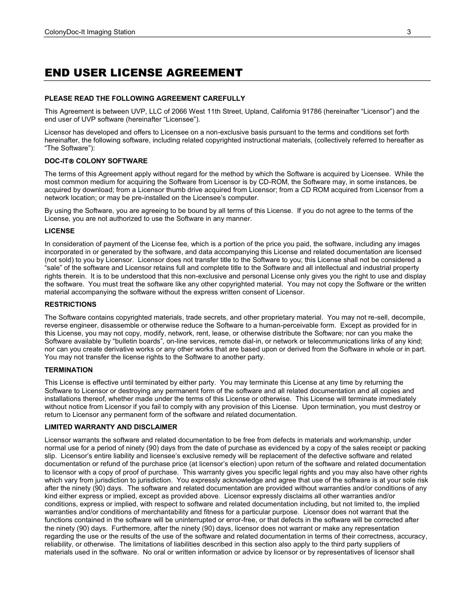 End user license agreement | UVP ColonyDoc-It Imaging Station User Manual | Page 3 / 48