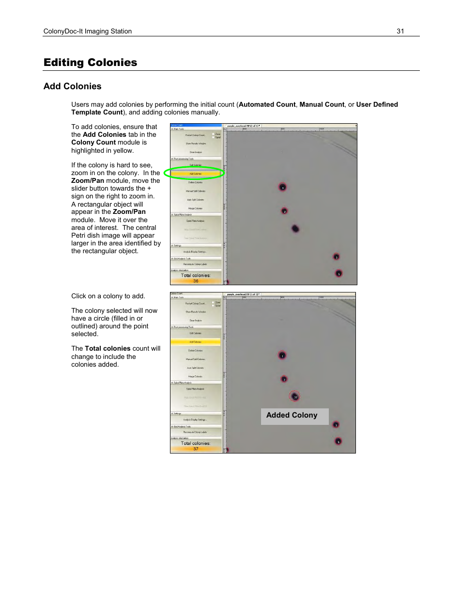 Editing colonies, Add colonies | UVP ColonyDoc-It Imaging Station User Manual | Page 31 / 48