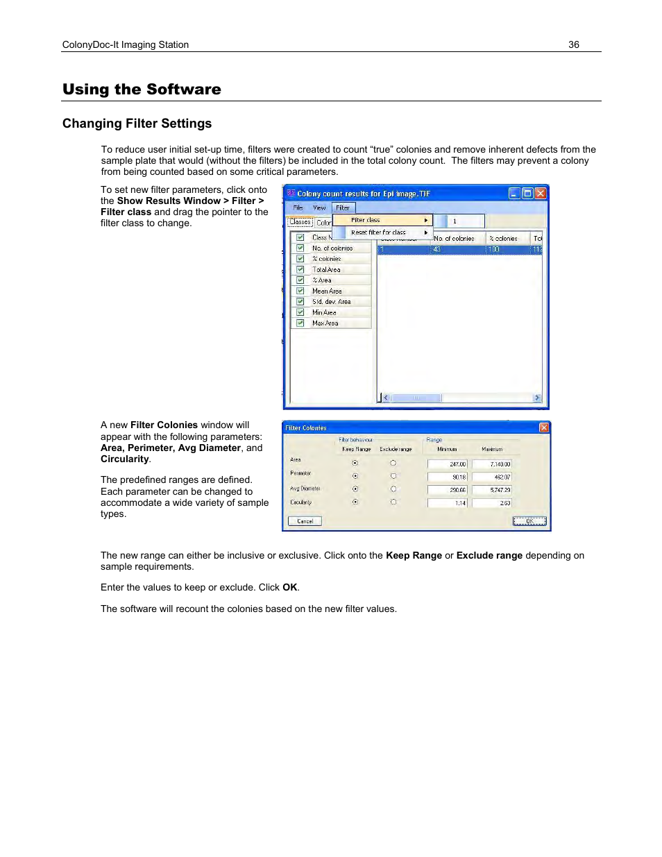 Using the software, Changing filter settings | UVP ColonyDoc-It Imaging Station User Manual | Page 36 / 48