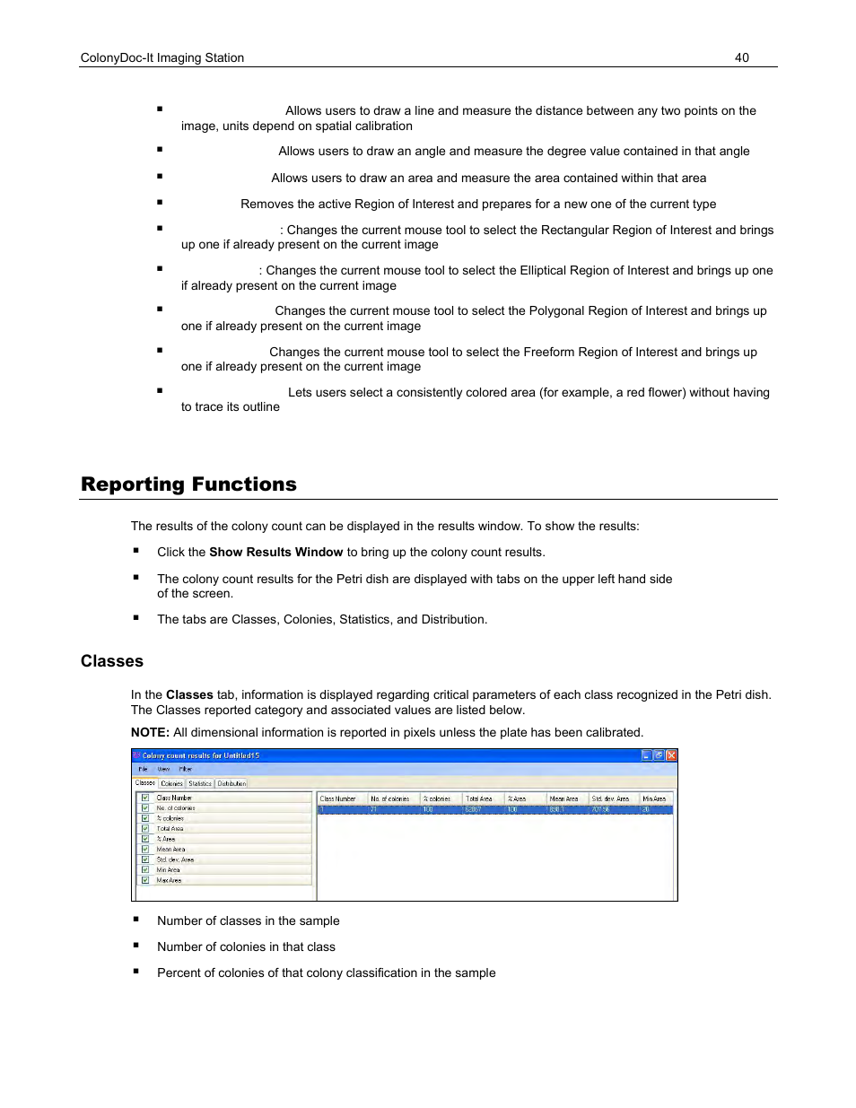 Reporting functions, Classes | UVP ColonyDoc-It Imaging Station User Manual | Page 40 / 48