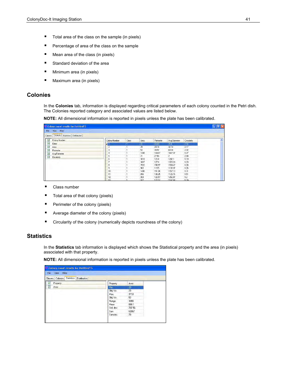 Colonies, Statistics | UVP ColonyDoc-It Imaging Station User Manual | Page 41 / 48