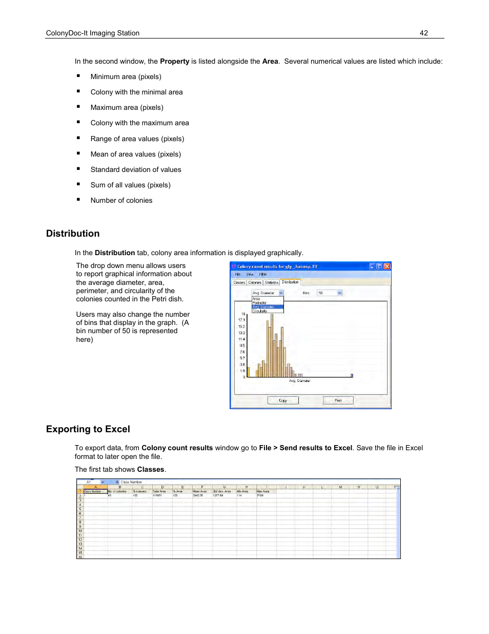 Distribution, Exporting to excel | UVP ColonyDoc-It Imaging Station User Manual | Page 42 / 48