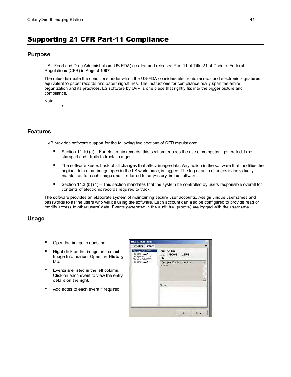 Supporting 21 cfr part-11 compliance, Purpose, Features | Usage | UVP ColonyDoc-It Imaging Station User Manual | Page 44 / 48