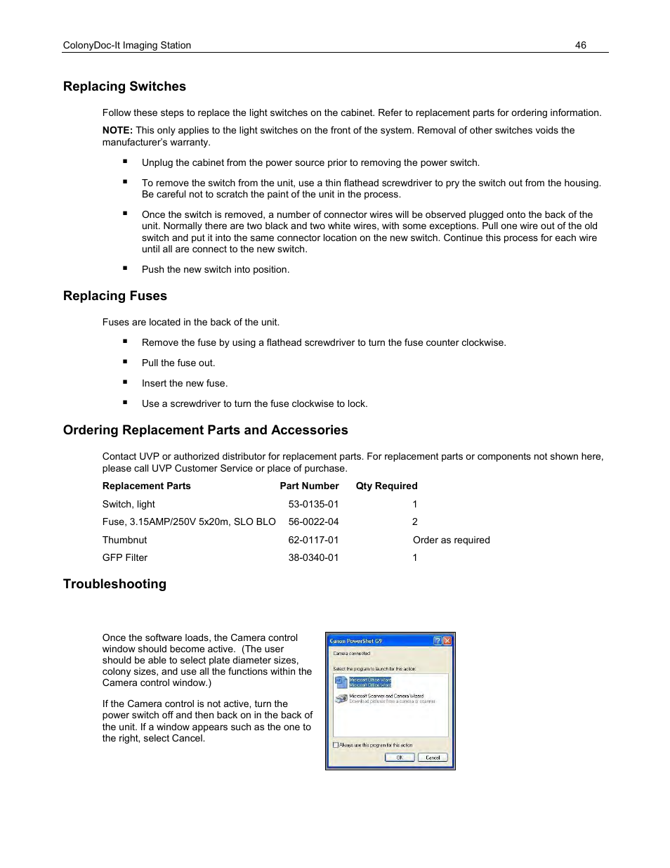 Replacing switches, Replacing fuses, Ordering replacement parts and accessories | Troubleshooting | UVP ColonyDoc-It Imaging Station User Manual | Page 46 / 48