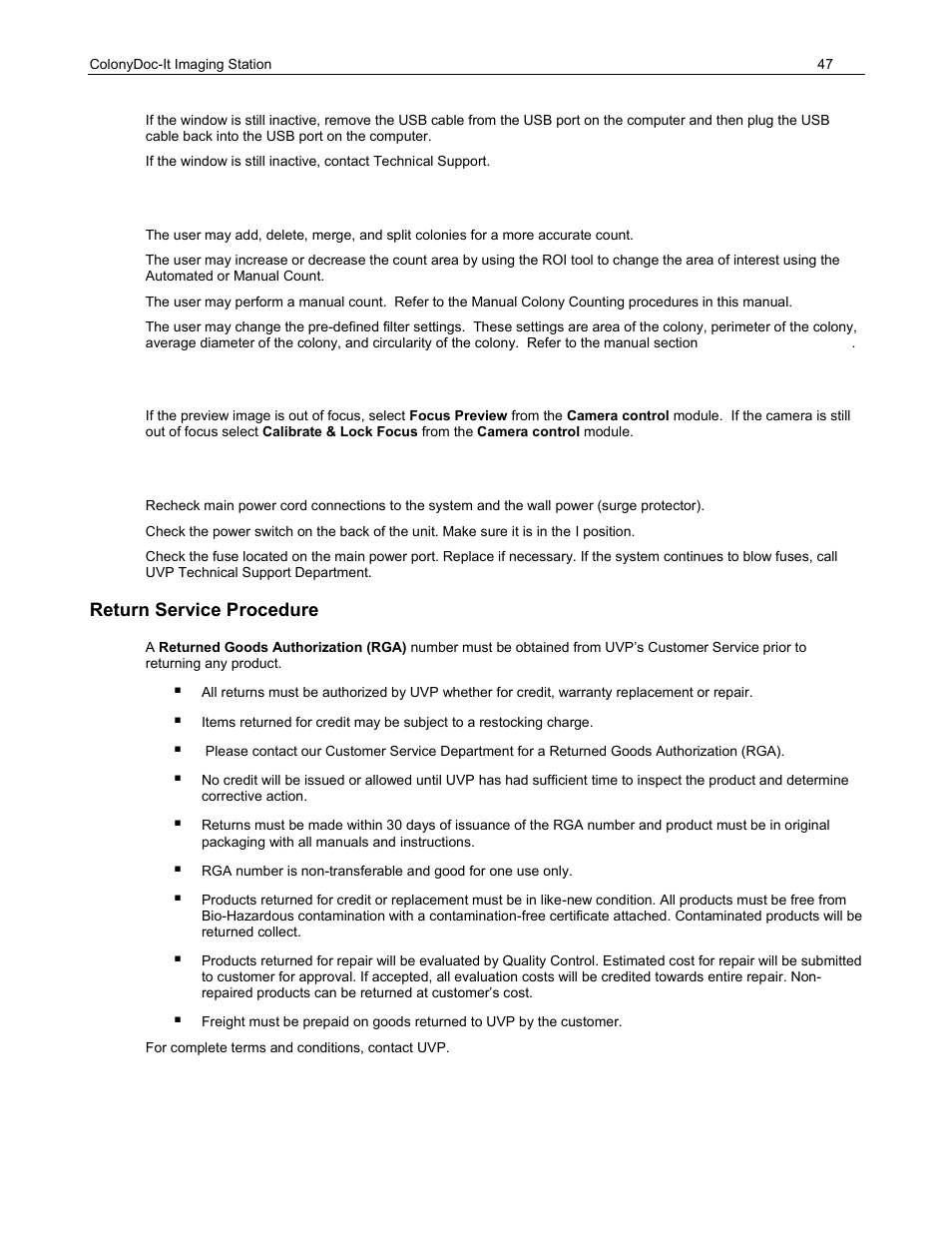Return service procedure | UVP ColonyDoc-It Imaging Station User Manual | Page 47 / 48