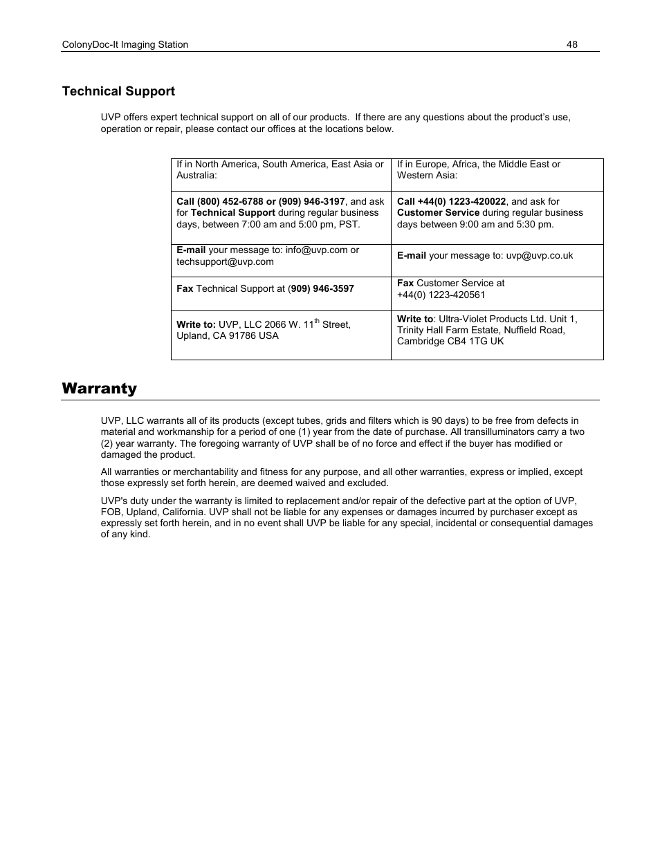 Technical support, Warranty | UVP ColonyDoc-It Imaging Station User Manual | Page 48 / 48