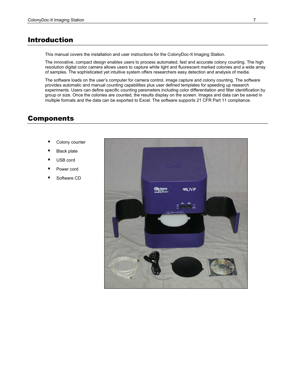 Introduction, Components | UVP ColonyDoc-It Imaging Station User Manual | Page 7 / 48