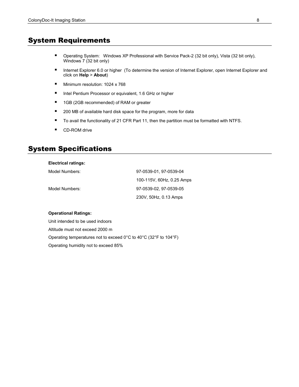 System requirements, System specifications | UVP ColonyDoc-It Imaging Station User Manual | Page 8 / 48