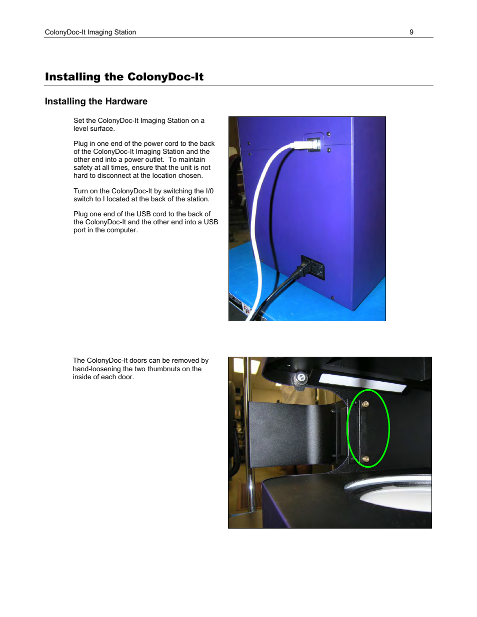 Installing the colonydoc-it, Installing the hardware | UVP ColonyDoc-It Imaging Station User Manual | Page 9 / 48