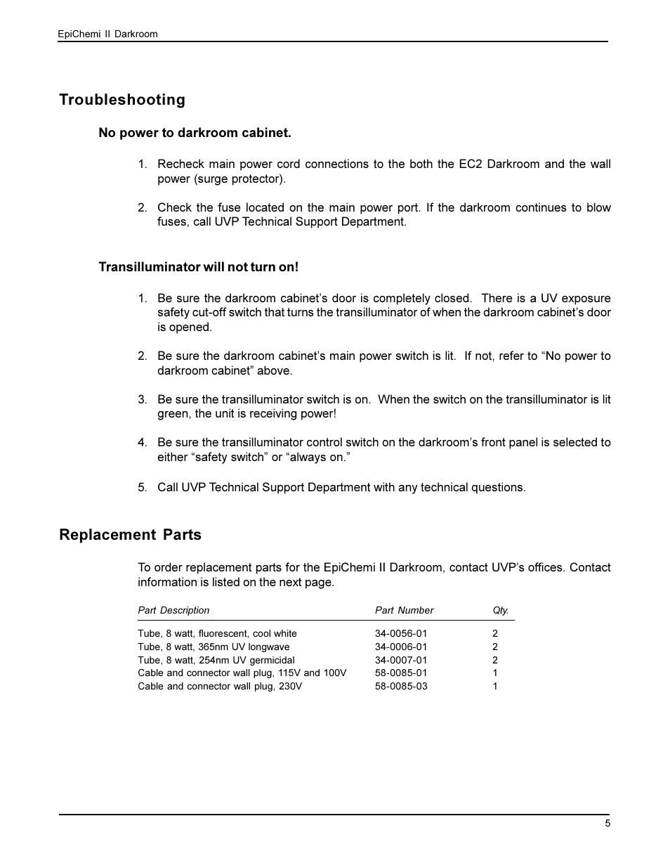 Troubleshooting, Replacement parts | UVP EpiChemi II Darkroom User Manual | Page 7 / 10