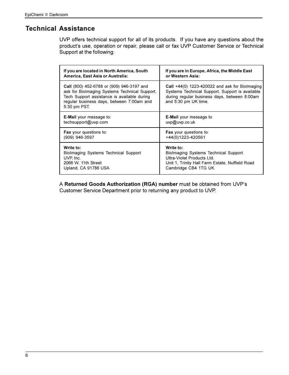 Technical assistance | UVP EpiChemi II Darkroom User Manual | Page 8 / 10