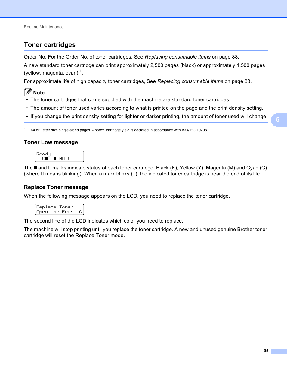 Toner cartridges, Toner low message, Replace toner message | 5toner cartridges | Brother HL 4150CDN User Manual | Page 101 / 199