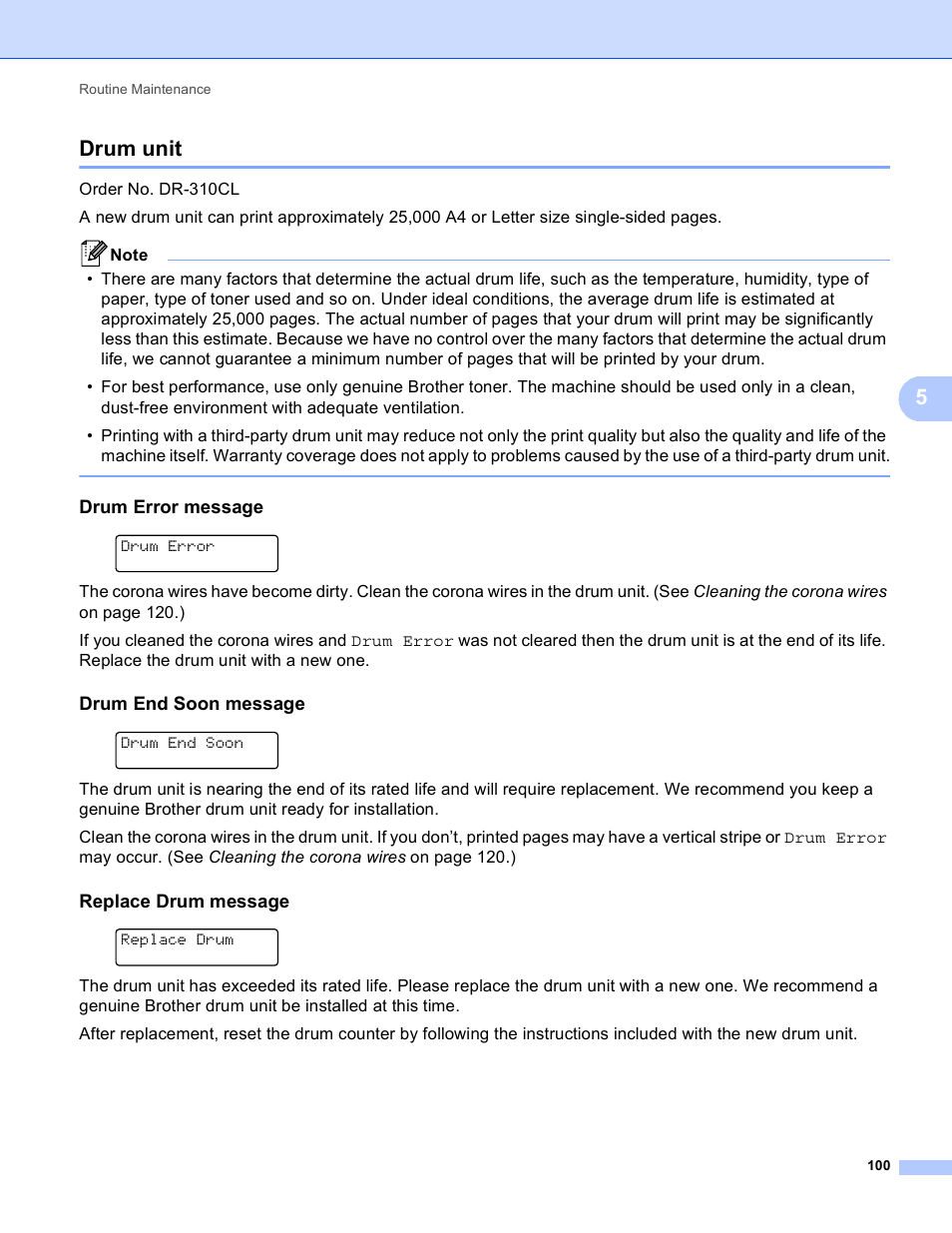 Drum unit, Drum error message, Drum end soon message | Replace drum message, 5drum unit | Brother HL 4150CDN User Manual | Page 106 / 199