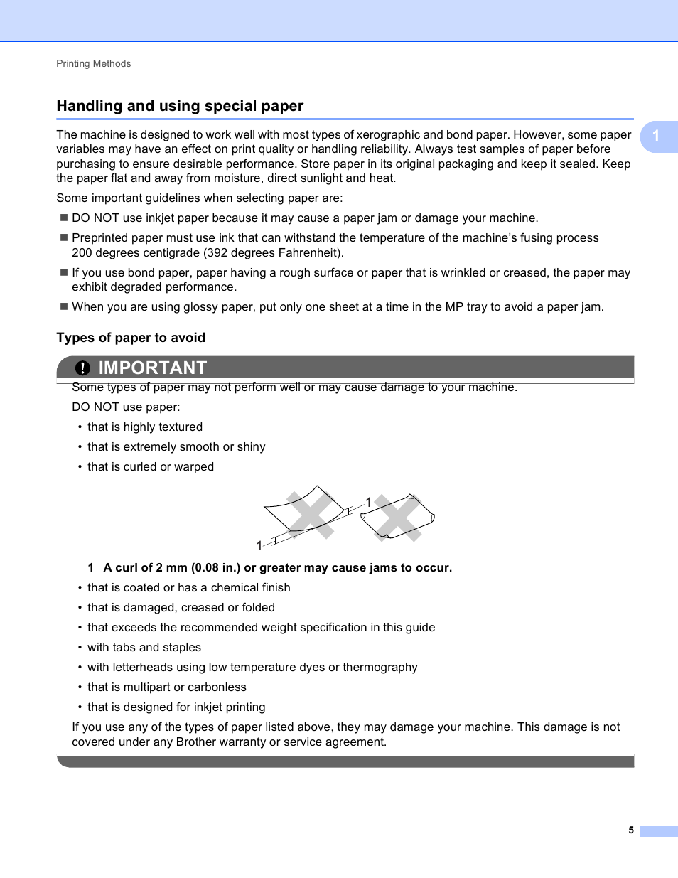 Handling and using special paper, Types of paper to avoid, Important | 1handling and using special paper | Brother HL 4150CDN User Manual | Page 11 / 199
