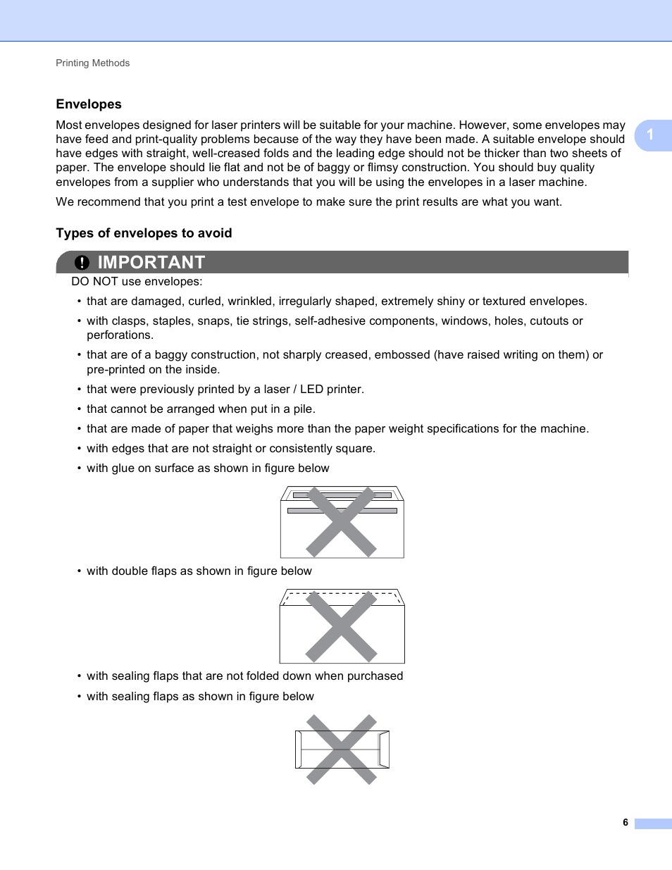 Envelopes, Types of envelopes to avoid, Important | Brother HL 4150CDN User Manual | Page 12 / 199