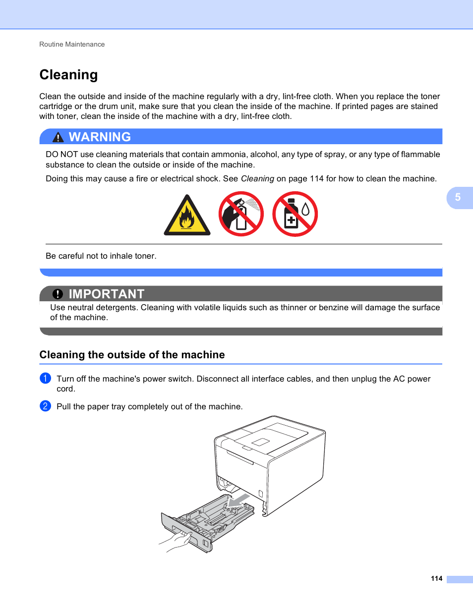 Cleaning, Cleaning the outside of the machine, Warning | Important | Brother HL 4150CDN User Manual | Page 120 / 199