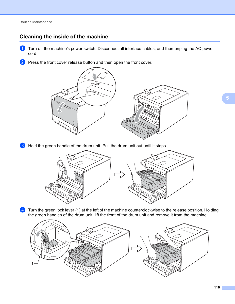 Cleaning the inside of the machine, 5cleaning the inside of the machine | Brother HL 4150CDN User Manual | Page 122 / 199