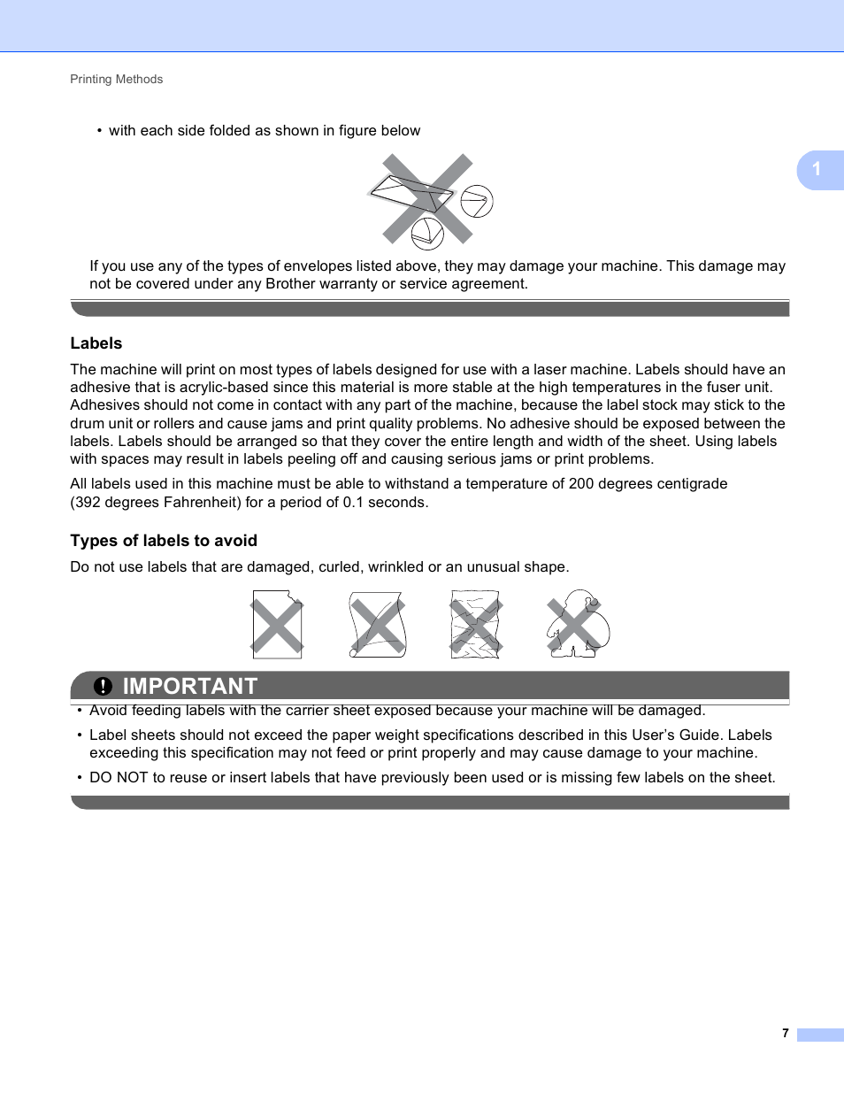 Labels, Types of labels to avoid, Important | With each side folded as shown in figure below | Brother HL 4150CDN User Manual | Page 13 / 199