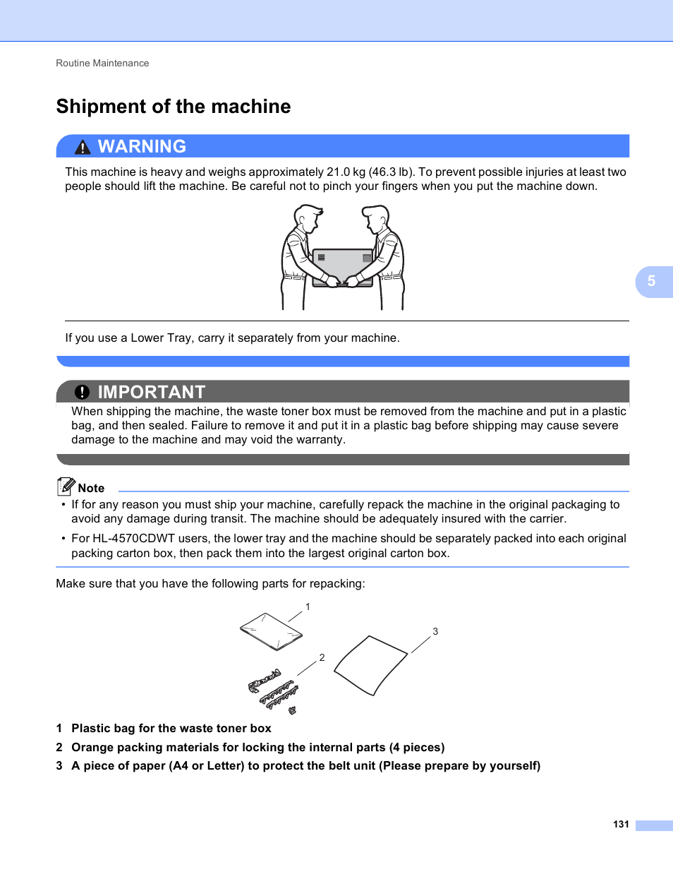 Shipment of the machine, Warning, Important | Brother HL 4150CDN User Manual | Page 137 / 199
