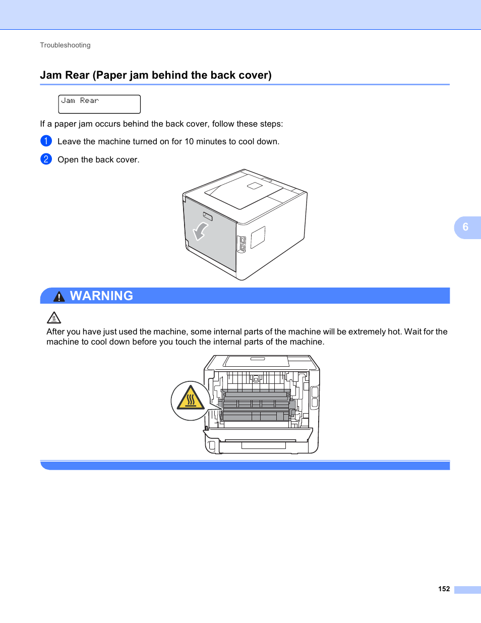 Jam rear (paper jam behind the back cover), Warning, 6jam rear (paper jam behind the back cover) | Brother HL 4150CDN User Manual | Page 158 / 199