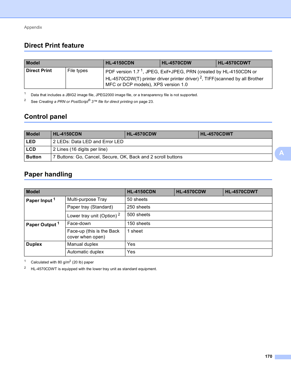 Direct print feature, Control panel, Paper handling | Direct print feature control panel paper handling, Adirect print feature | Brother HL 4150CDN User Manual | Page 176 / 199