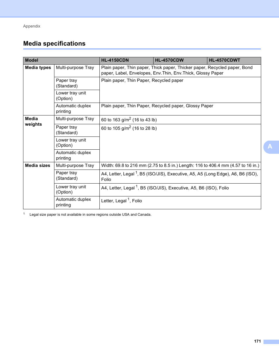 Media specifications, Amedia specifications | Brother HL 4150CDN User Manual | Page 177 / 199