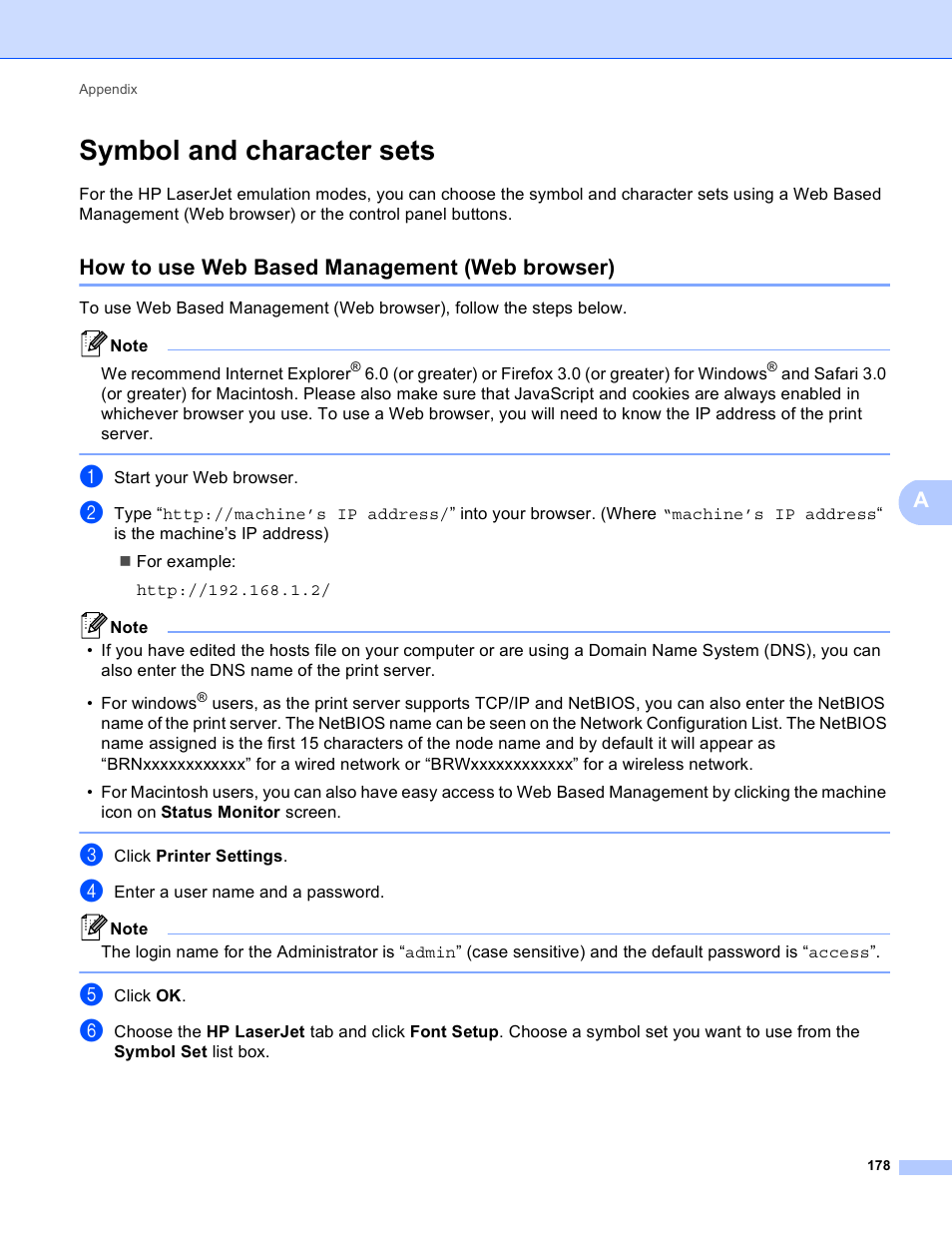 Symbol and character sets, How to use web based management (web browser) | Brother HL 4150CDN User Manual | Page 184 / 199