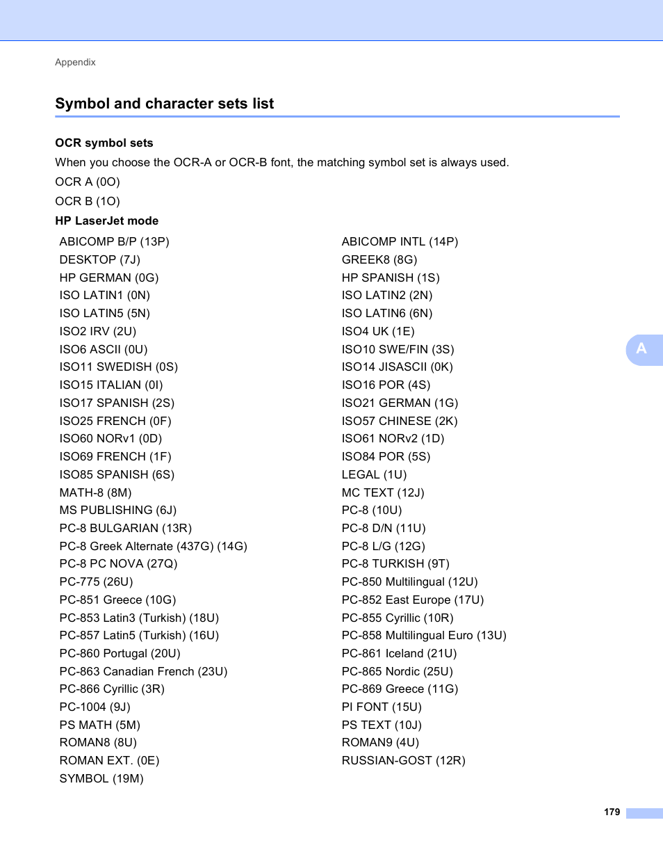 Symbol and character sets list, Asymbol and character sets list | Brother HL 4150CDN User Manual | Page 185 / 199