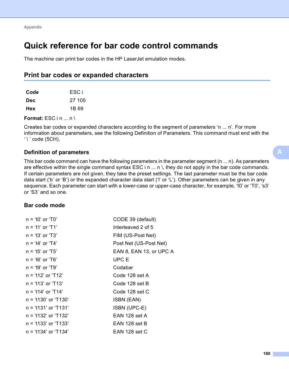 Quick reference for bar code control commands, Print bar codes or expanded characters, Definition of parameters | Bar code mode | Brother HL 4150CDN User Manual | Page 186 / 199