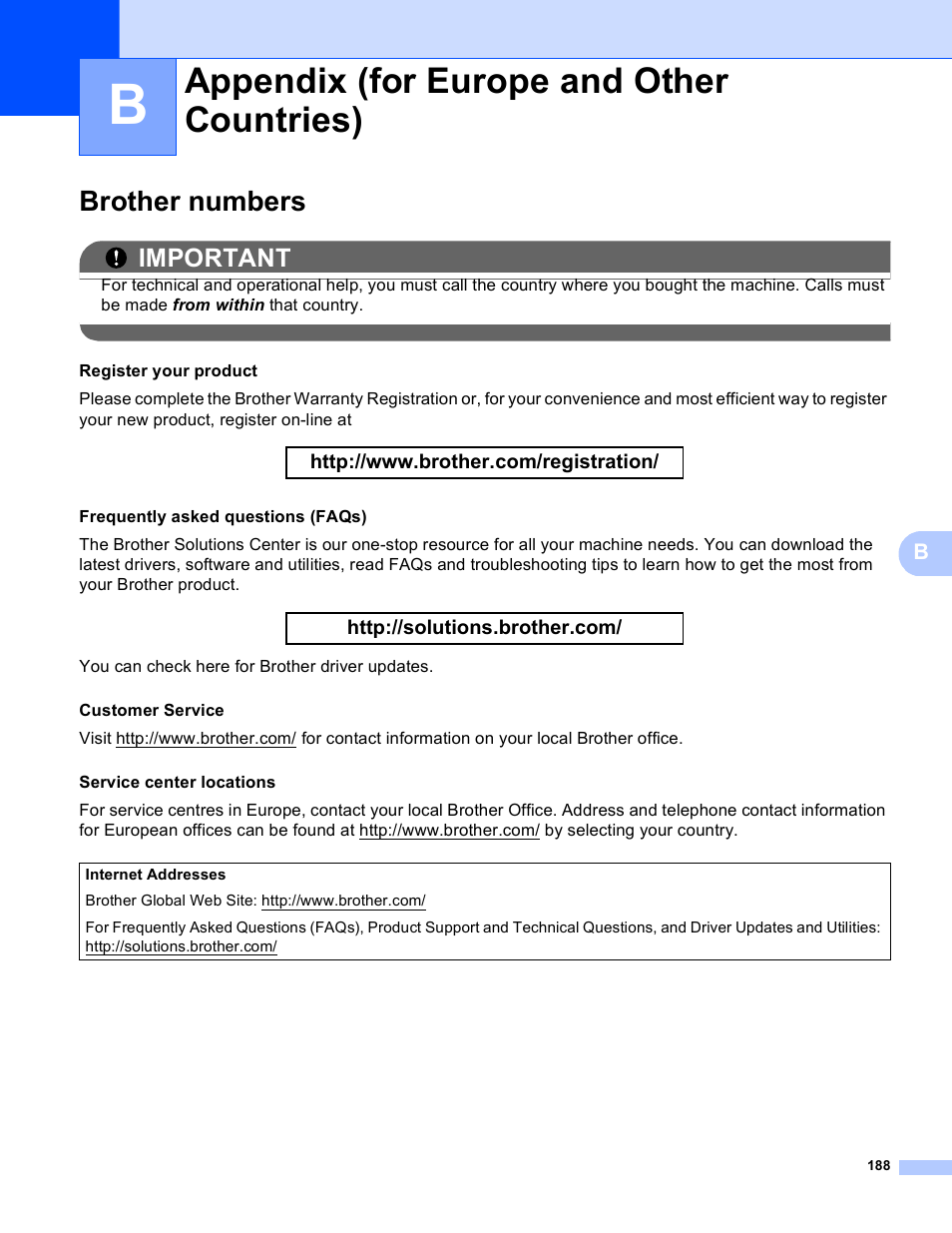 B appendix (for europe and other countries), Brother numbers, Appendix (for europe and other countries) | Important | Brother HL 4150CDN User Manual | Page 194 / 199