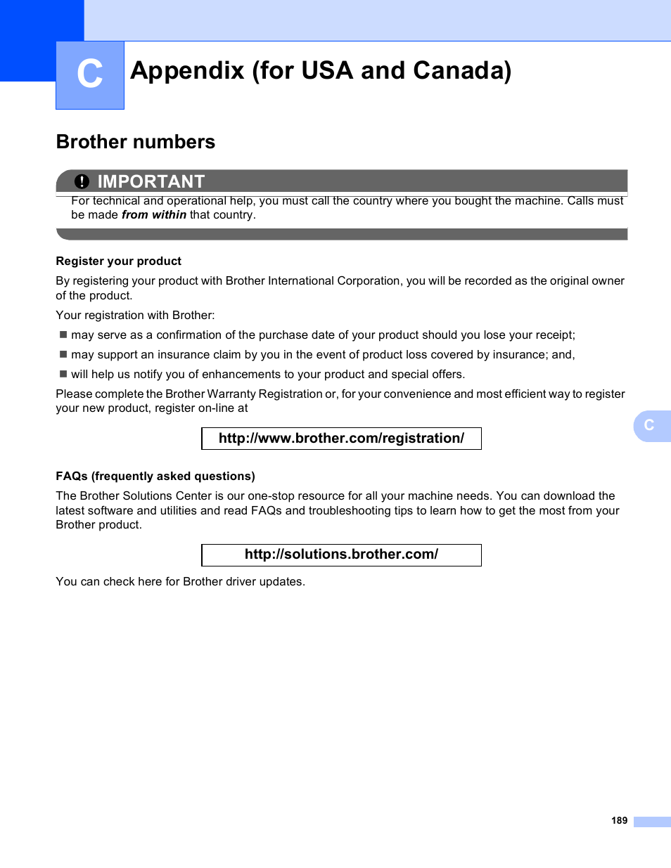 C appendix (for usa and canada), Brother numbers, Appendix (for usa and canada) | Important | Brother HL 4150CDN User Manual | Page 195 / 199