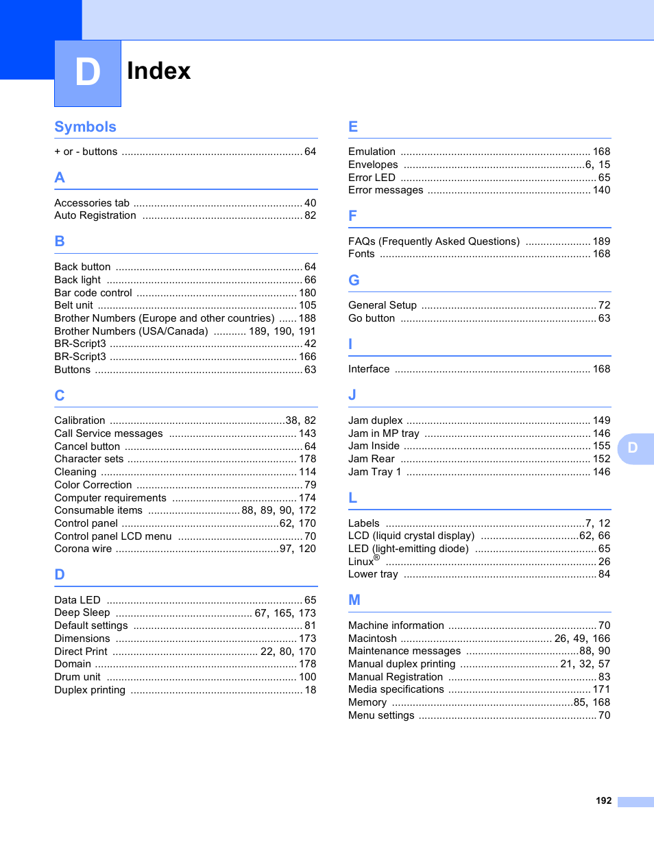 Index, Dsymbols | Brother HL 4150CDN User Manual | Page 198 / 199