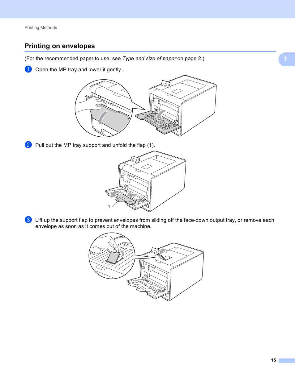 Printing on envelopes, 1printing on envelopes | Brother HL 4150CDN User Manual | Page 21 / 199