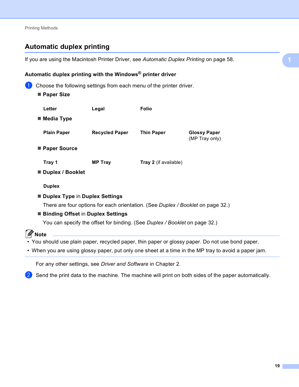 Automatic duplex printing, 1automatic duplex printing | Brother HL 4150CDN User Manual | Page 25 / 199