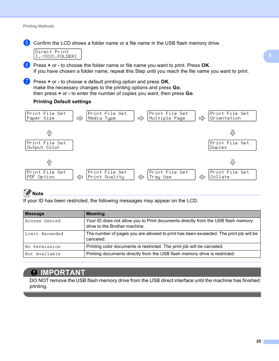 Important, Print file set paper size, Print file set media type | Print file set multiple page, Print file set orientation, Print file set output color, Print file set duplex, Print file set pdf option, Print file set print quality, Print file set tray use | Brother HL 4150CDN User Manual | Page 31 / 199