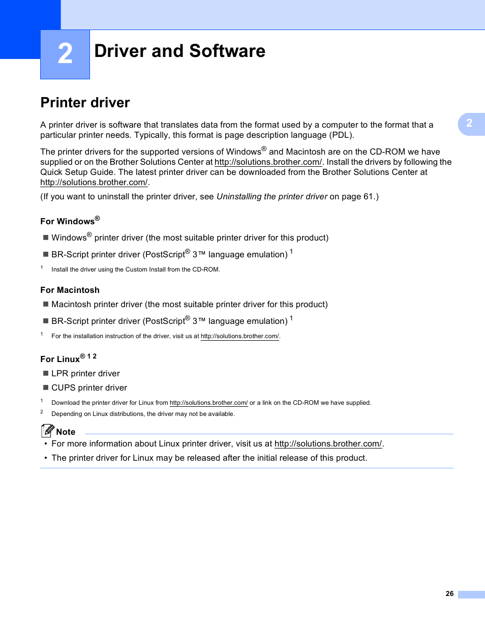 2 driver and software, Printer driver, Driver and software | Driver and software in chapter 2 | Brother HL 4150CDN User Manual | Page 32 / 199