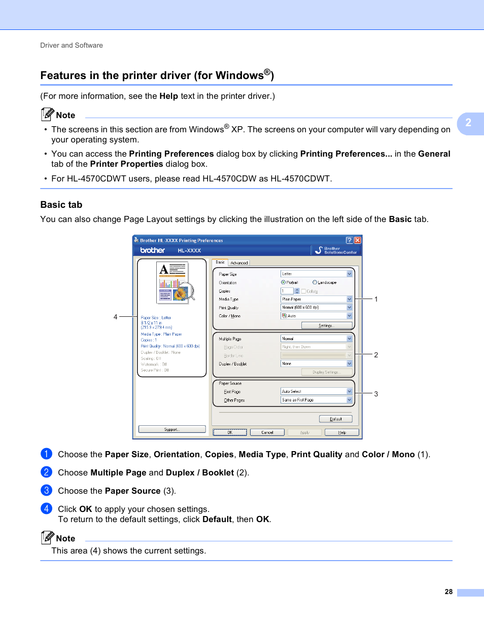 Features in the printer driver (for windows®), Basic tab, Features in the printer driver (for windows | 2features in the printer driver (for windows | Brother HL 4150CDN User Manual | Page 34 / 199